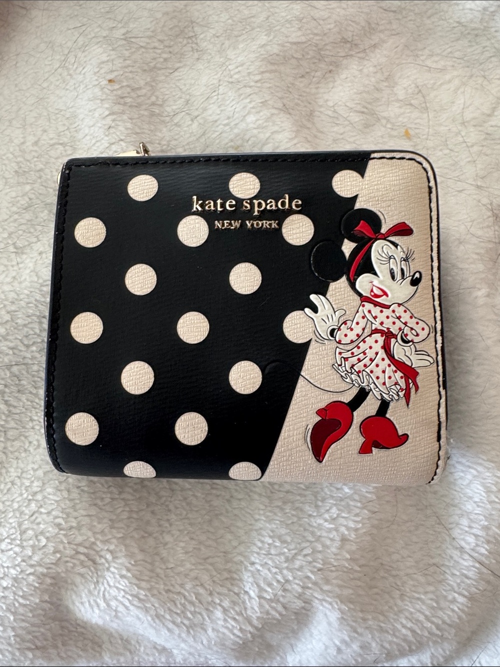 kate spade Black and Cream Polka Dot Minnie Wallet with Red Accents
